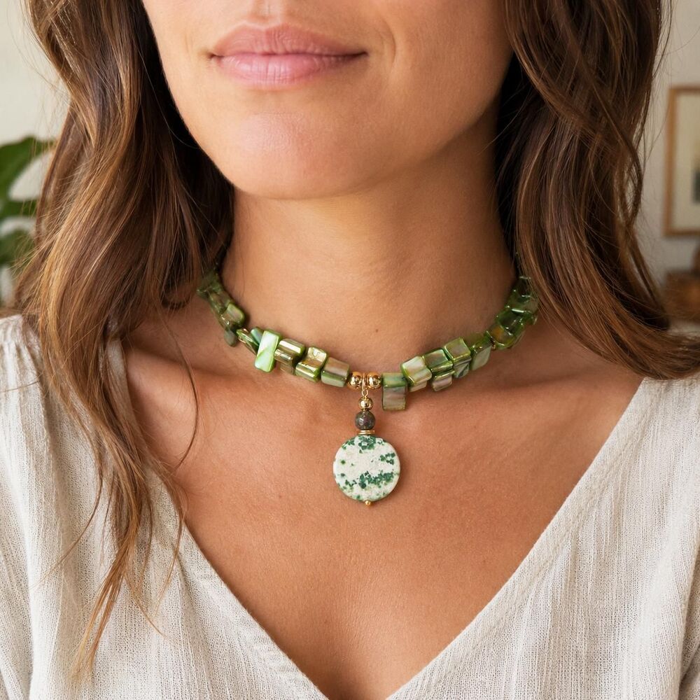 Iridescent Green Mother of Pearl Beaded Choker with Serpentine Pendant